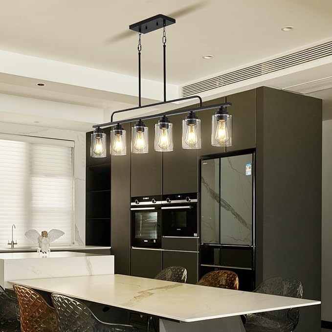 Dining Room Light Fixture - Black 6-Light Farmhouse Chandelier Kitchen Island Lights Fixtures Modern Linear Chandeliers Hanging Pendant Lighting Over Table for Dining Room