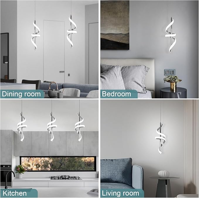 Spiral Led Pendant Light Fixtures, 5500K Cold White Modern Led Pendant Lamp Kitchen Island, Adjustable Height Kitchen Island Lights Fixtures for Dining Room Kitchen Bedroom Cafe, 3 Packs