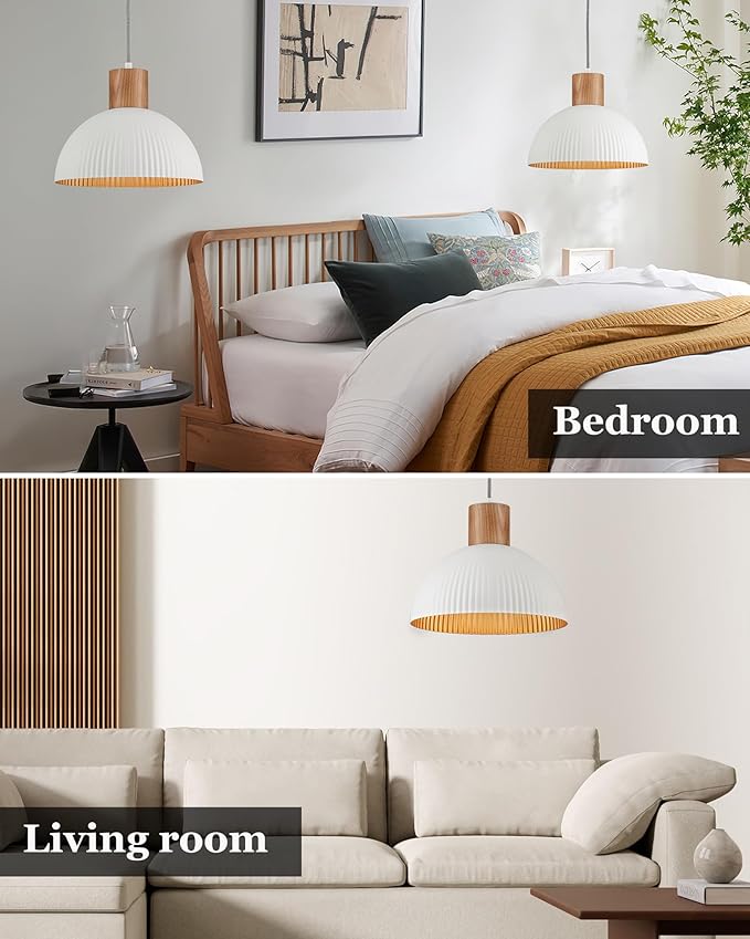 ELYONA Modern Ash Wood Pendant Light Fixtures 12" Hanging Lamp Nordic White Metal & Gold Inner Finish Boho Pendant Light for Farmhouse Kitchen Island Dining Room Bedroom Living Room Hallway