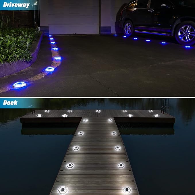 VOLISUN Solar Driveway Lights Dock Outdoor Waterproof Marker Lights,16 Pack Solar Deck Lights 2 Colors in 1 Led Wireless IP67,Solar Blue Deck Lights for Sidewalk Pathway Yard(White/Blue),Auto On/Off