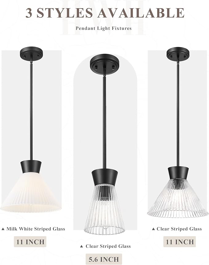 Modern Pendant Light, HWH 1-Light Adjustable Hanging Lighting for Kitchen, Living Rooms, Bedrooms, Black Kitchen Island Lights with Clear Striped Glass, Matte Black Finish, 5HZG107MIL BK
