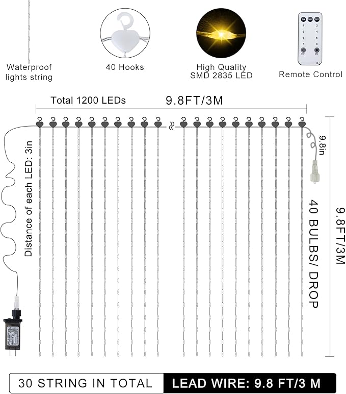 ZAIYW 1200 LED Curtain Lights 10x10Ft, Plug in Fairy Curtain Lights with Timer Remote Control Outdoor Curtain String Lights Waterproof for Patio Wedding Xmas Home Decor (Warm White)