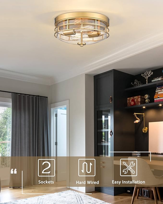 FEMILA Flush Mount Ceiling Light Fixture, 13" Modern Farmhouse Ceiling Light with Clear Glass and Brushed Gold Finish for Entryway Bedroom Kitchen Hallway,4FTJ55-F BG