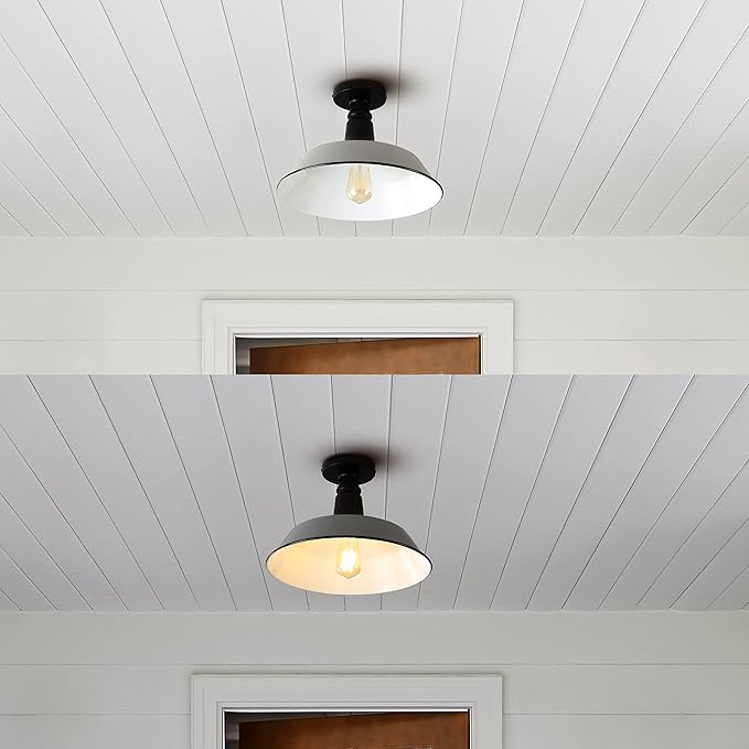 JONATHAN Y 14" Gray/Black 1-Light Industrial LED Semi Flush Mount Ceiling Light for Porch, Kitchen, Entryway, Modern Farmhouse Iron Fixture, White Metal Shade, LED Bulb Included (JYL7617D)