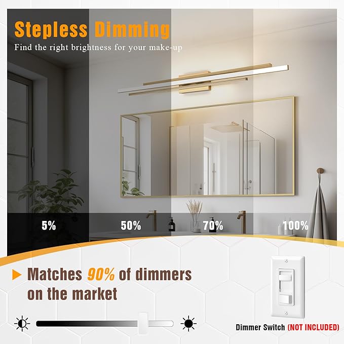 48" Gold LED Bathroom Light Fixtures Long Vanity Lights Over Mirror Lighting Lamps Wall Mount Lighting Over Vanity Picture Indoor 5CCT(3000K/3800K/4500K/5200K/6000K)