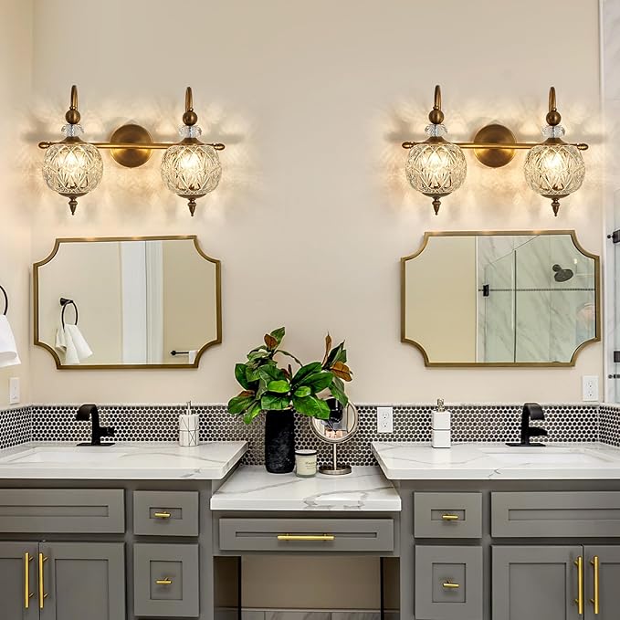 Piepooye Vintage Bathroom Light Fixtures Gold Vanity Light with Glass Globe LampShade 2 Lights Mid Century G9 Bulb Wall Sconce Indoor Vanity Light Over Mirror for Bedroom Farmhouse Hallway