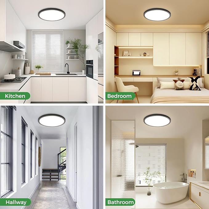 zemty 4Pack LED Flush Mount Ceiling Light, 7Inch 15W Dimmable Ceiling Lights Fixture, 5 Color Temperatures (3000K-6500K) Black Round Ceiling Lamp for Bedroom, Kitchen, Hallway,Bathroom
