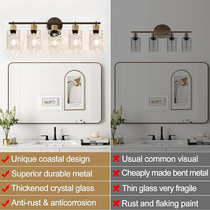 MOKATNG Bathroom Light Fixtures, 5-Light Coastal Vanity Lights with Crystal Glass Shade, Oil-Rubbed Bronze Bathroom Wall Lamp for Mirror Kitchen Hallway Cabinet