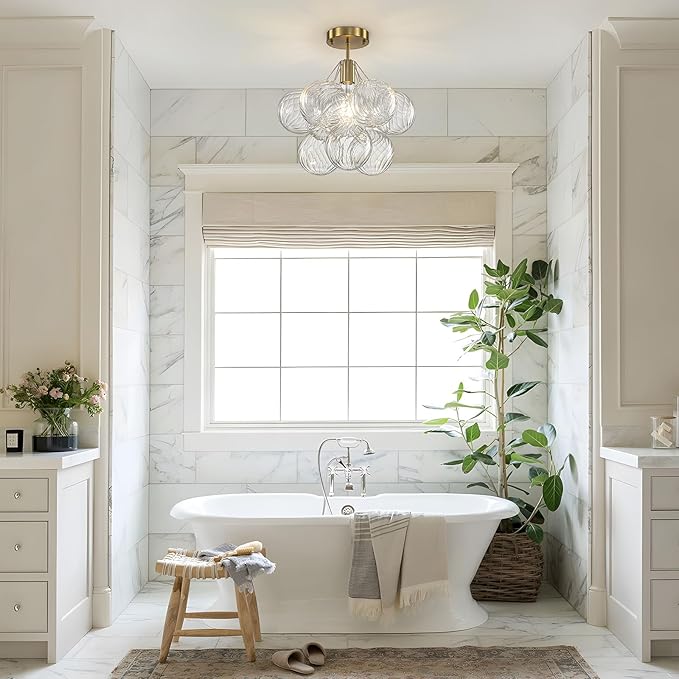 Semi Flush Mount Chandelier Gold-Special Bubble Flush Mount Ceiling Light 14.17" Modern Mid Century Ceiling Light Fixtures With 9 Clear Swirled Glass Ball for Bedroom Foyer kitchen, Include E26 Blub