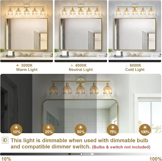 Vintage Bathroom Light Fixtures,5-Light Hardwired Vanity Lights with Amber Tulip Glass Shade,Gold Bathroom Vanity Light for Mirror Restroom,E26 Socket,33.46 in(Bulbs Not Included)
