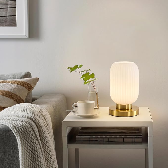 Dimmable White Glass Table Lamp: Mid Century Modern Nightstand Light with Milk White Shade - Small Decorative Brass Desk Lamp - Ribbed Glass Bedside Tables Lamps for Bedroom Living Room Bulb Excluded
