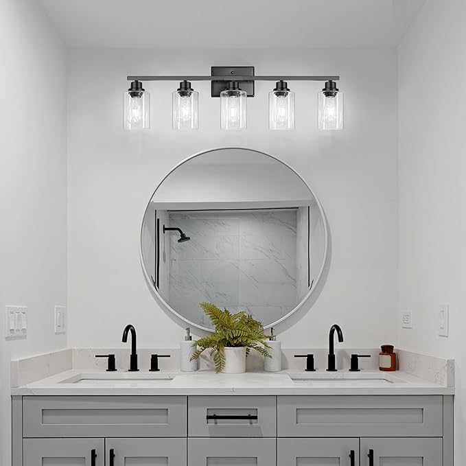 Ascher 5-Light Bathroom Light Fixtures, 33 Inch Vanity Lights with Clear Glass Shade, Modern Black Finish Wall Light for Mirror Bedroom Hallway Cabinet Porch