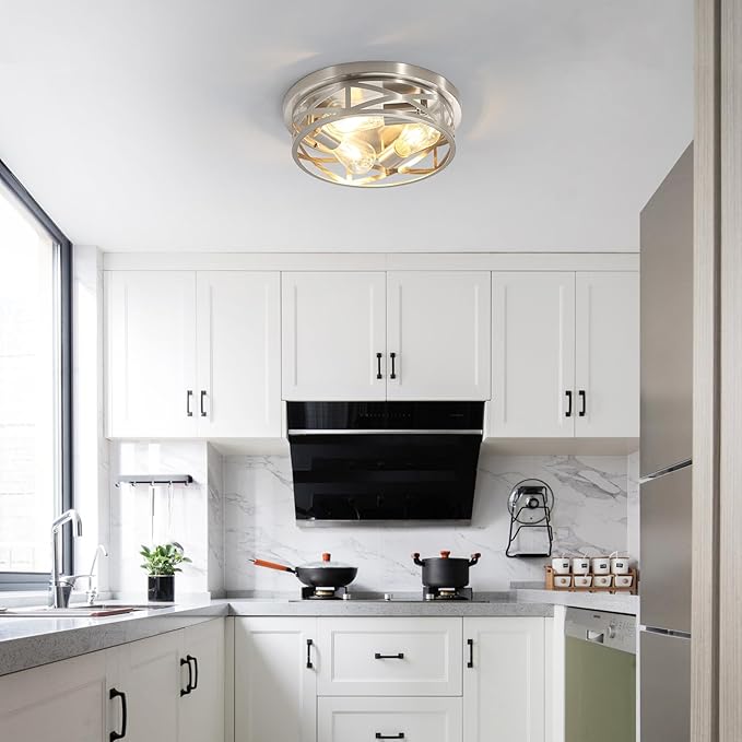 13 Inch Brushed Nickle Flush Mount Ceiling Light Fixture, 2-Pack Metal Cage Close to Ceiling Lights, Modern E26 Base Indoor Kitchen Ceiling Lights for House Hallway Bedroom Living Room Hallway