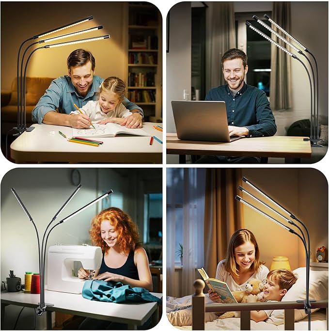 ShineTech LED Desk Lamp with Clamp, 3-Head Ultra-Wide Lighting, 4 Color Modes, Adjustable Gooseneck Task Lamps, Eye-Safe Dimming, Memory & Auto-Off Timer, Desk Light for Home Office, Study, Reading