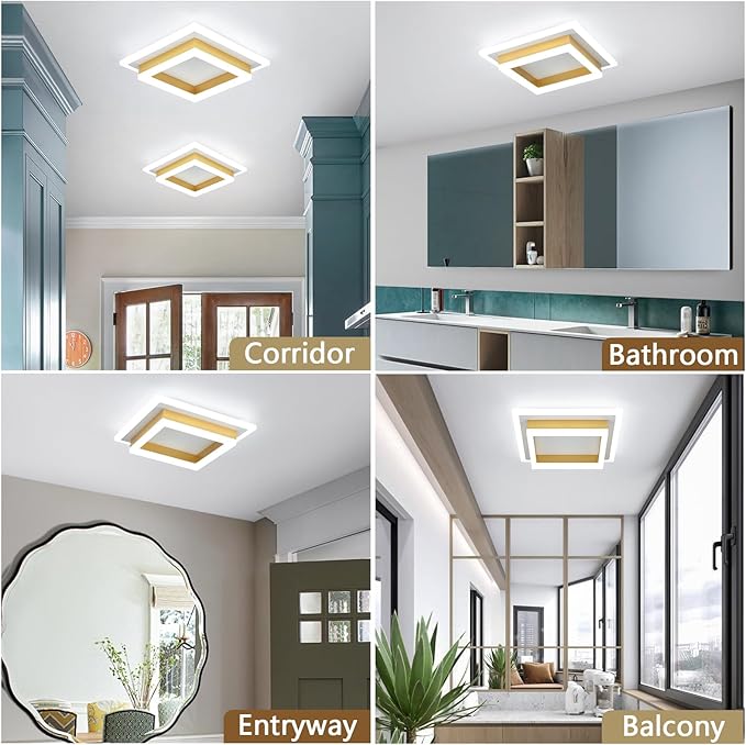 Modern LED Ceiling Lights, Gold Small Hallway Ceiling Light, 32W Cool White 6000K Acrylic LED Ceiling Light Fixtures, Close to Ceiling Lights for Bedroom Kitchen Bathroom(2 Pack)