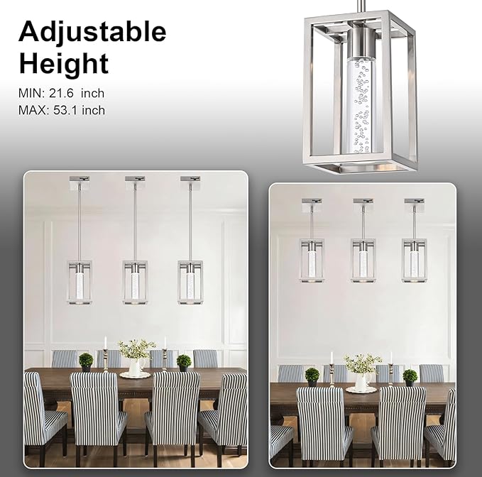 MELUCEE 3 Pack 15W LED Bubble Crystal Pendant Lights Kitchen Island, Modern Led Pendant Light 5 Color Temperature Adjustable, Brushed Nickel Dining Room Light Fixtures Adjustable Height, 3000-6000K