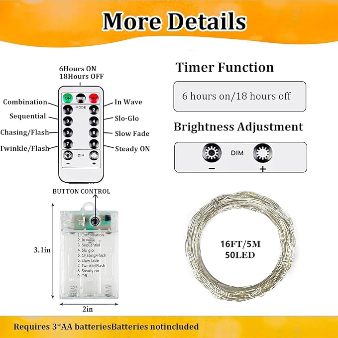 4-Pack Fairy Lights Battery Operated with Remote & Timer & 8 Modes, 16 FT 50 LED String Lights Outdoor Indoor, Battery Twinkle Lights Waterproof for Christmas Bedroom Centerpiece Décor (Warm White)