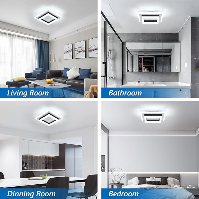 DELIPOP 2 Pack Modern LED Ceiling Light, 24W Black Flush Mount Ceiling Lamp Fixture, 6500K Cold White LED Hallway Light for Living Room Bedroom Entryway Bathroom Kitchen