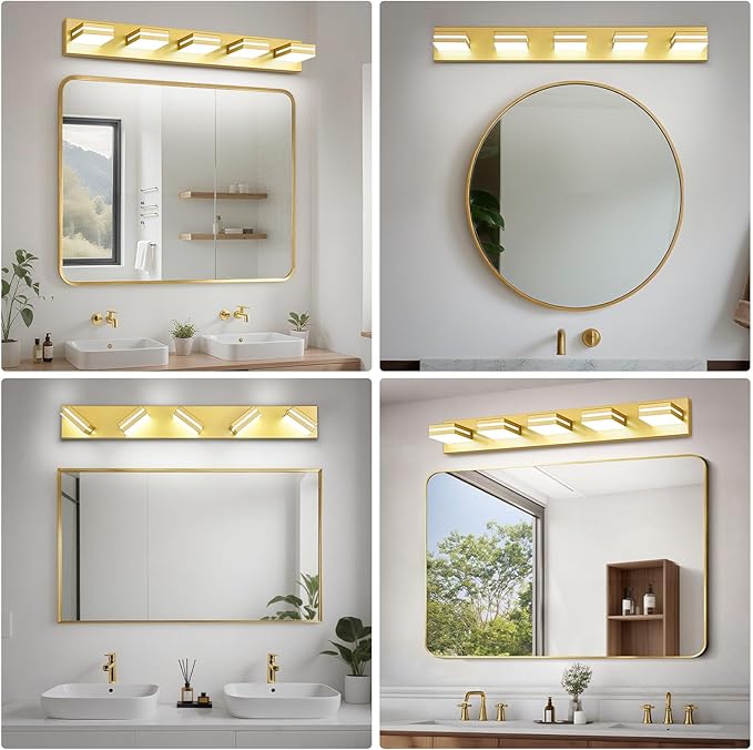 Modern LED Bathroom Lights Fixtures 5-Light,Metal Gold Acrylic Wall Lighting,Vanity Lights for Bathroom Over Mirror 6000k 34in