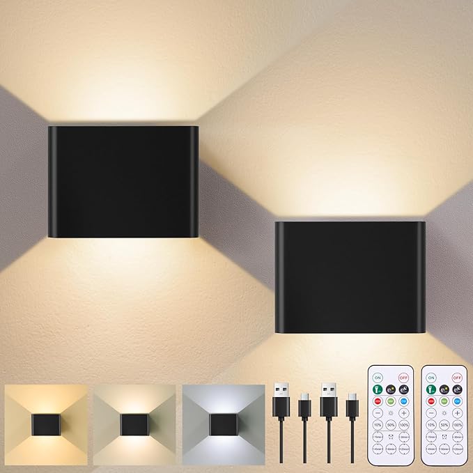 Yochoice Motion Sensor Wall Sconces with Remote Control, 6000mAh Black Wireless Touch Control Rechargeable Lamps with 3 Color Temperatures, LED Up Down Battery Operated Wall Lights Indoor, 2-Pack
