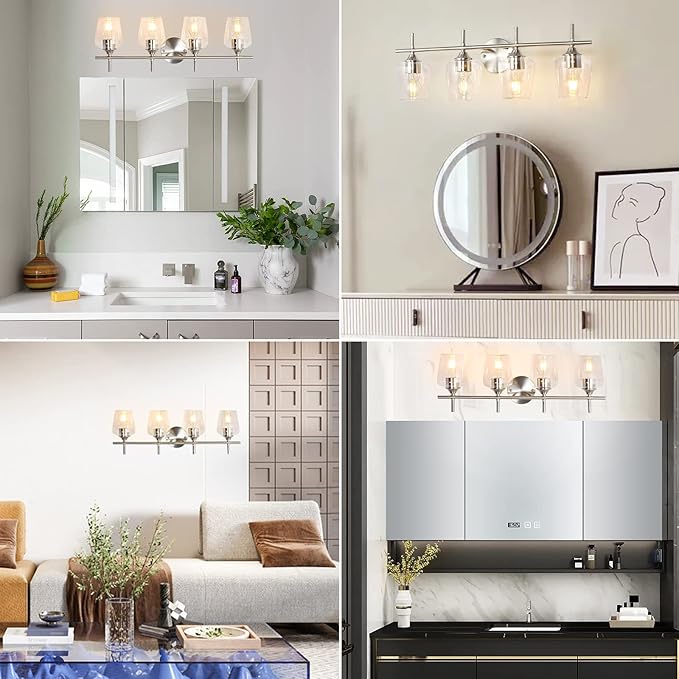 Bathroom Light Fixtures 4-Light Brushed Nickel Bathroom Vanity Light with Clear Glass Shade, Modern Wall Lights for Bedroom Hallway Living Room (Nickel, 4-Light)