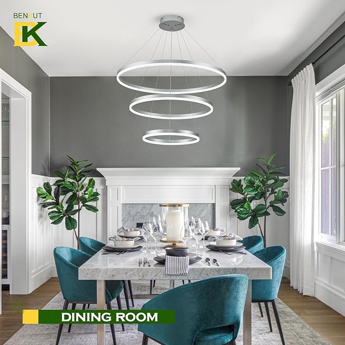Benkut D31.5 3 Rings Modern LED Chandelier Silver Dimmable LED Pendant Light with Remote Control Circular Flush Mount High Ceiling Light for Dining Room Living Room Bedroom Foyer(3000K-6500K, H71)