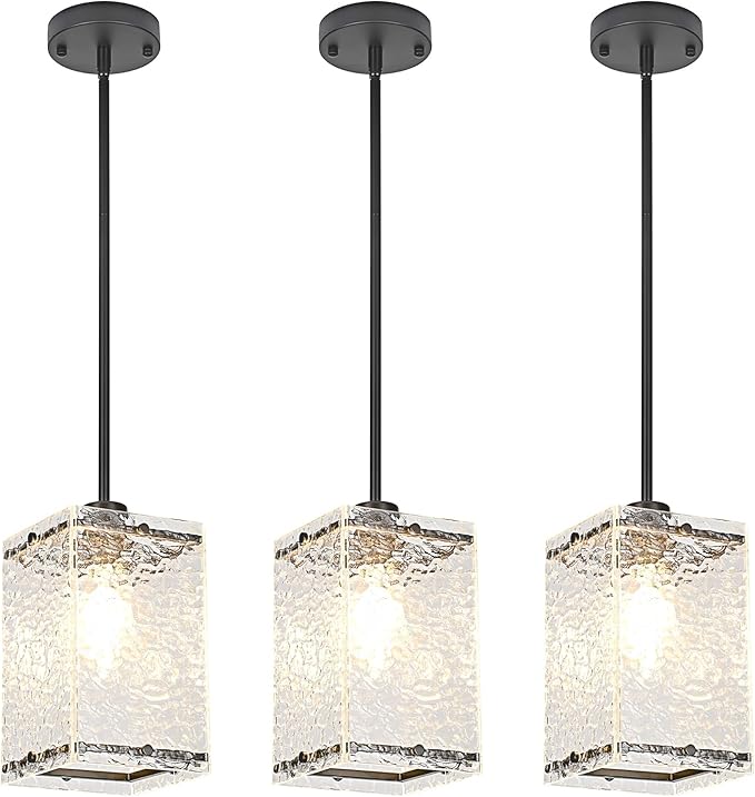 Water Ripple Glass Pendant Lights Black Pendant Lights Kitchen Island Adjustable Modern Hanging Pendant Light Fixtures for Sink Kitchen Dining Room Foyer Entryway, 3 Pack