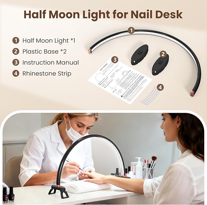 Yokilly Arc Half Moon Light: 20" Half Moon Light with Foldable Bracket for Desk Salon Table Use - No Flicker & Shadow-Free Desk Lamp with Stepless Brightness 3000-6500K for Manicurist Nail Tech