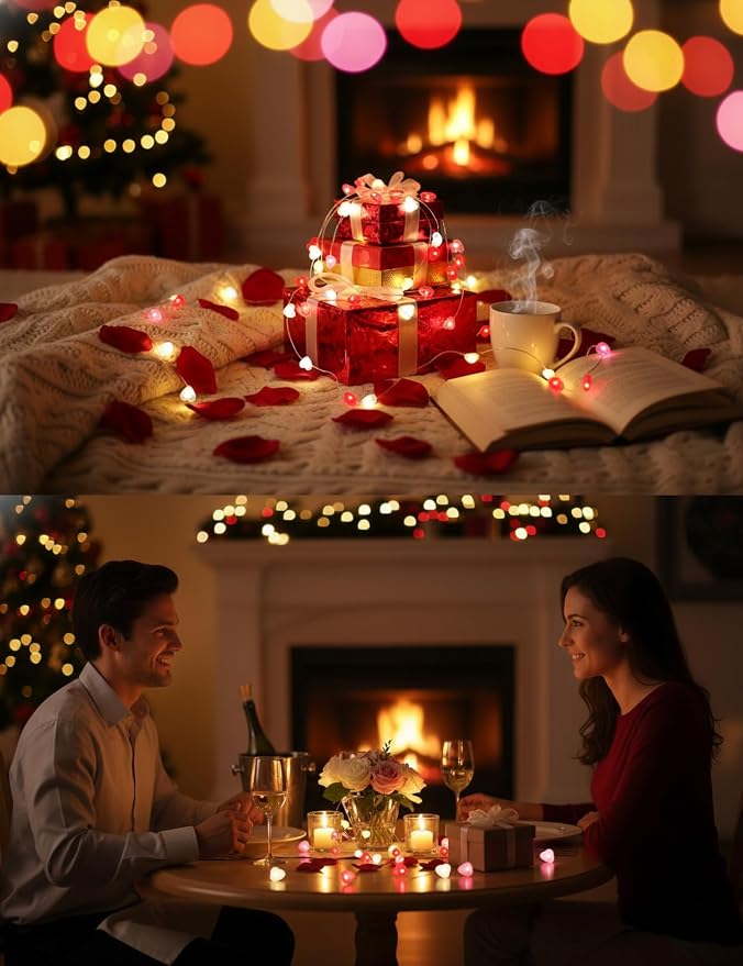 BOHON Valentine Day Decorations 13 ft 40 LEDs Red White Pink Lights String | Heart Fairy String Lights Battery Operated, Valentines Decor for The Home Galentines Day Indoor Garland Party with Timer