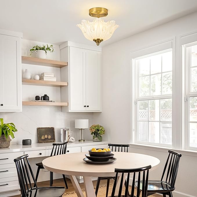 Semi Flush Mount Ceiling Light, Gold Vintage Light fixtures with Floral White Glass Shade, Modern Close-to-Ceiling Lighting for Bedroom Kitchen Living Room Hallway