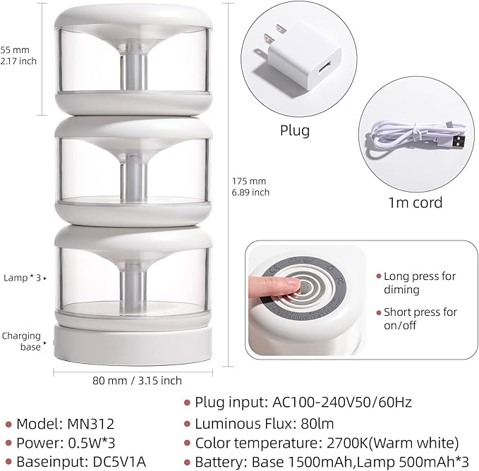 oneleaf Atmosphere Light Portable LED Night Light, Candle lamp, Three Lights with a Charging Base, Touch Switch Cordless Rechargeable Washroom,Stair,Bedroom,Camping