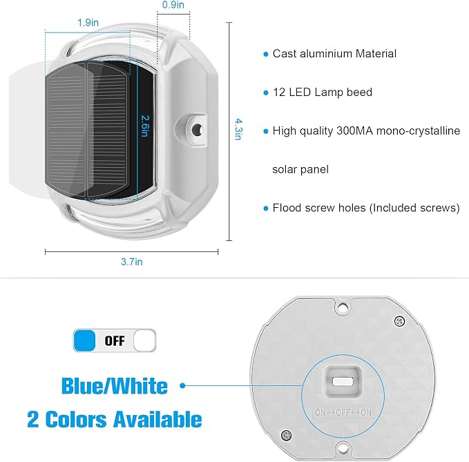 VOLISUN Solar Driveway Lights Dock Deck Lights 16 Pack,2 Colors in 1, LED Solar Powered Waterproof Outdoor Warning Step Light for Driveway Sidewalk Pathway (White/Blue),Auto On/Off