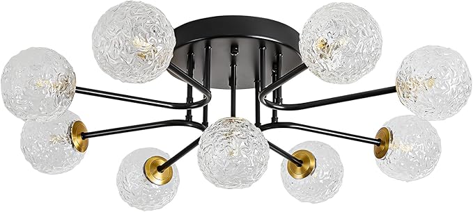 Sputnik Semi Flush Mount Ceiling Light Black Glass Globe Ceiling Lighting Modern Close to Ceiling Light for Living Room Dining Room Bedroom Kitchen