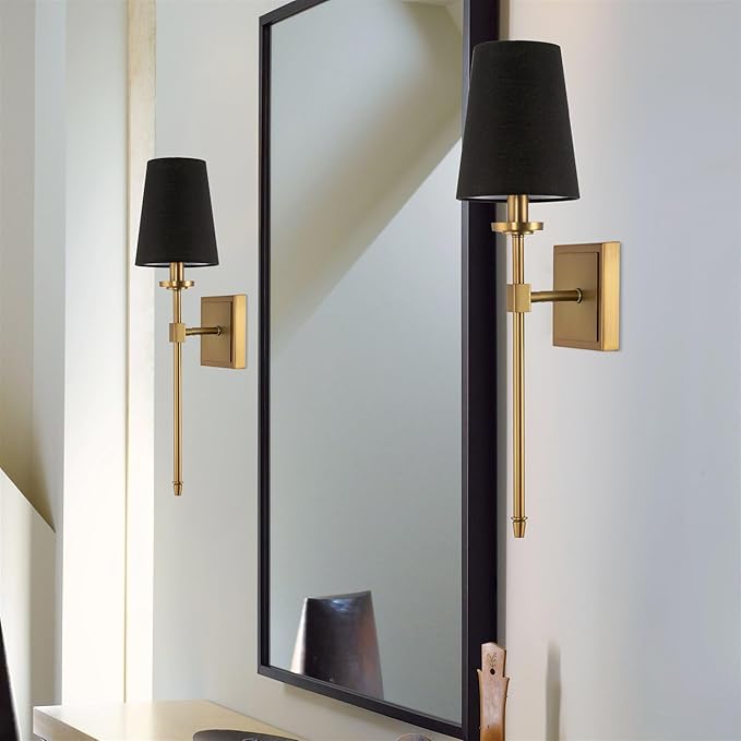 Kira Home Torche 20" Mid Century Modern Wall Sconce with Tapered Black Linen Shade, Candle Wall Light with Elongated Tail, Warm Brass Finish