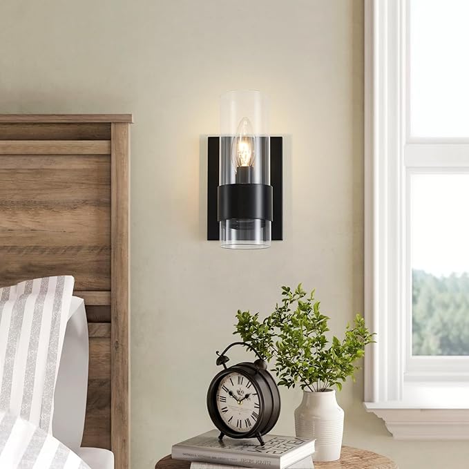 WUZUPS Set of 2 1-Light Bathroom Wall Light Fixture Over Mirror Flat Class Shade Morden Vanity Scones for Bathroom Bedroom Living Room, E12 Base, Black