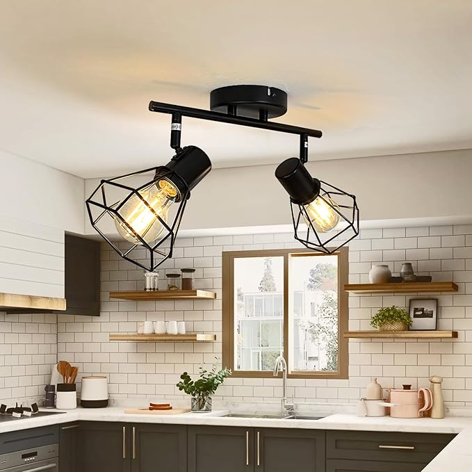 HiBay 2-Light Track Lighting Black, Rotatable Directional Ceiling Light Fixtures, Farmhouse Geometric Metal Cage Industrial Spotlight for Kitchen, Bedroom, Hallway, E26 Base (Bulbs Not Included)