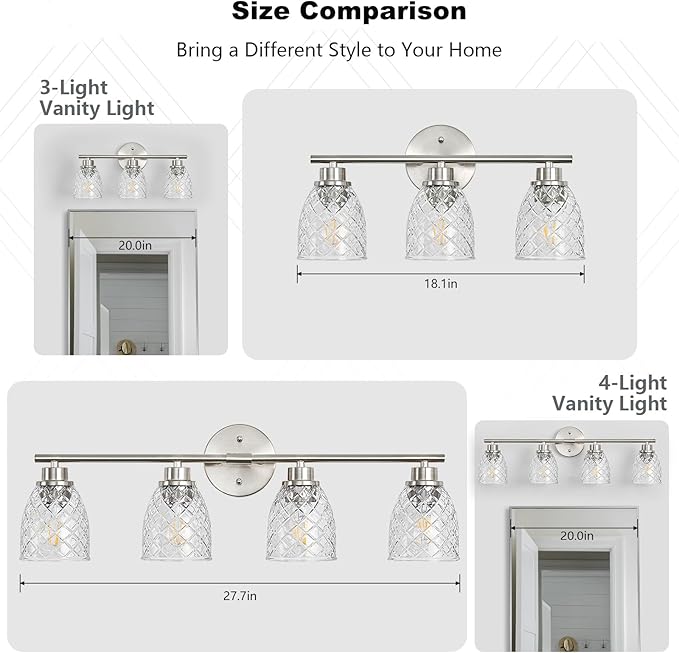 4-Light Bathroom Light Fixtures, Modern Brushed Nickel Vanity Light Over Mirror, Wall Sconce with Clear Hammered Glass Shades, E26 Base (Bulbs Not Included)