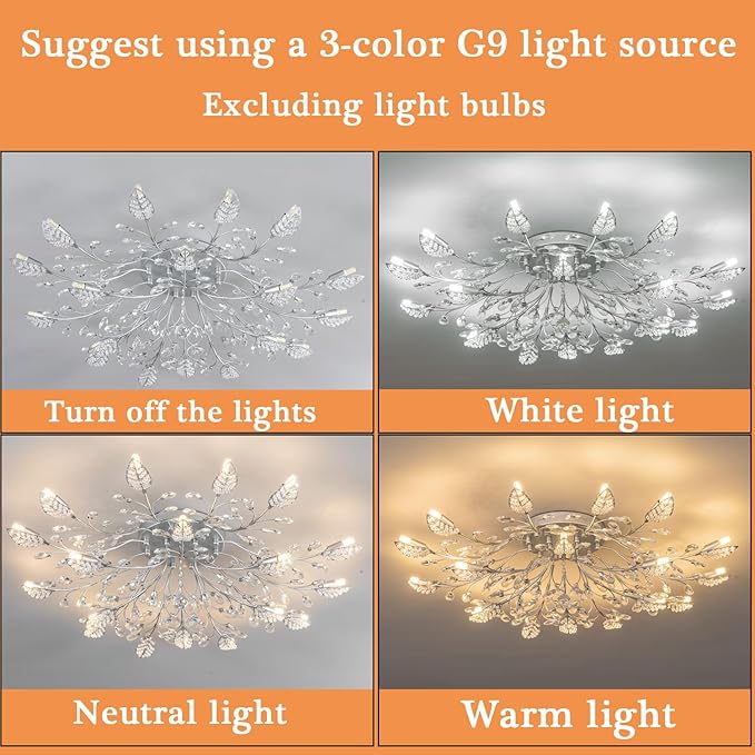 Modern Crystal Ceiling Light Fixture,Semi Flush Mount Chandeliers,Crystal Leaf Ceiling Light,Silvery Chandeliers for Dining Room,Living Room,Bedroom