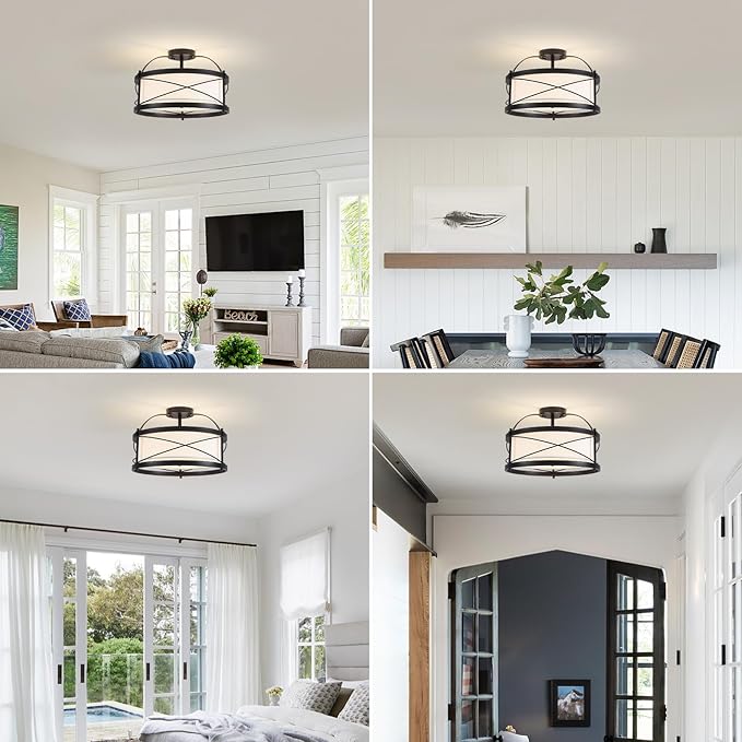 Modern Flush Mount Ceiling Light, 3-Light Black Metal White Fabric Shade Close to Ceiling Light Fixture for Kitchen Dining Room Bedroom Living Room Foyer E26 Base (Not Included Bulb)