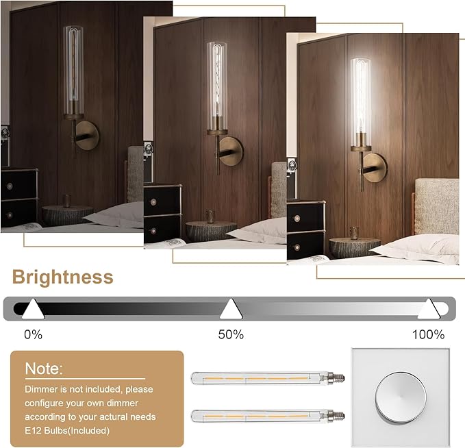 Bronze Wall Sconces Set of Two with White Lights, 19.5'' Brushed Brass Knurled Bathroom Sconces Wall Lighting Vanity Light with Clear Glass for Living Room Mirror Bedroom Stairs