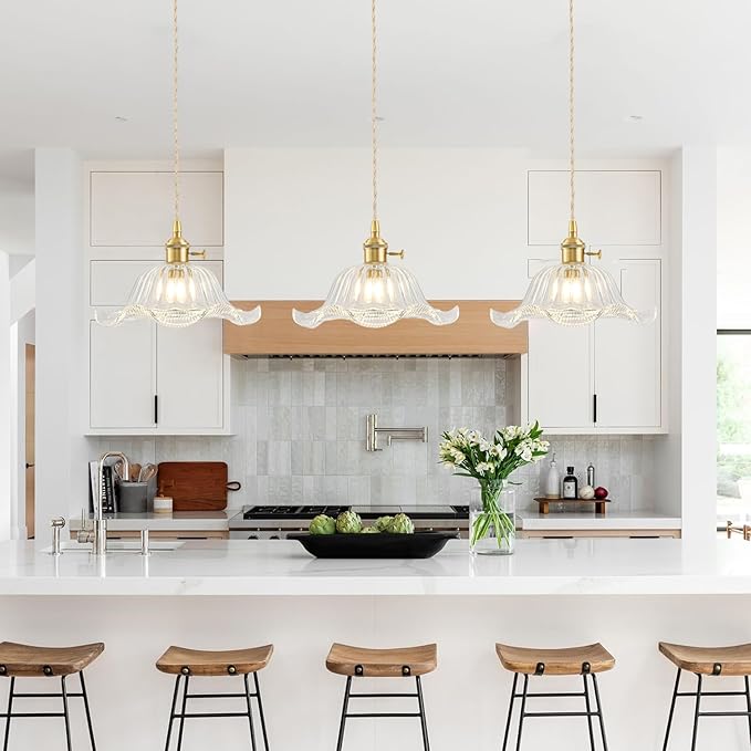 Vintage Pendant Lights Kitchen Island 2 Pack, Adjustable Pendant Light Fixtures with Transparent Lily Glass Lampshade, Gold Kitchen Pendant Lighting Over Island, Pendant Light for Dining Room Hallway