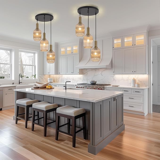 FRIXCHUR 3-Light Pendant, Mid Century Style Glass Shades with E26 Sockets, Adjustable Retro Pendant Light with Gold Accents, Ideal for Kitchen Islands and Living Rooms (Amber)