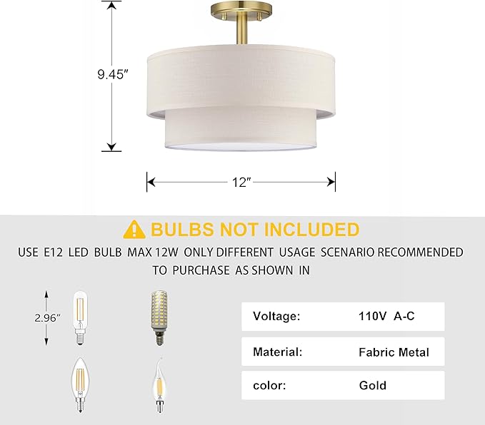3 Lights 12 Inch Semi Flush Mount Close to Ceiling Light Fixture,Cream Fabric Shade Gold Finish for Bedroom,Living Room,Dining Room Hallway
