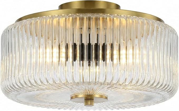 3-Light Flush Mount Ceiling Light, 11.8" Gold Ceiling Light Fixture with Ribbed Clear Glass Shade, Modern Drum Close to Ceiling Lamp with Closed Bottom for Bedroom Hallway Kitchen Entryway