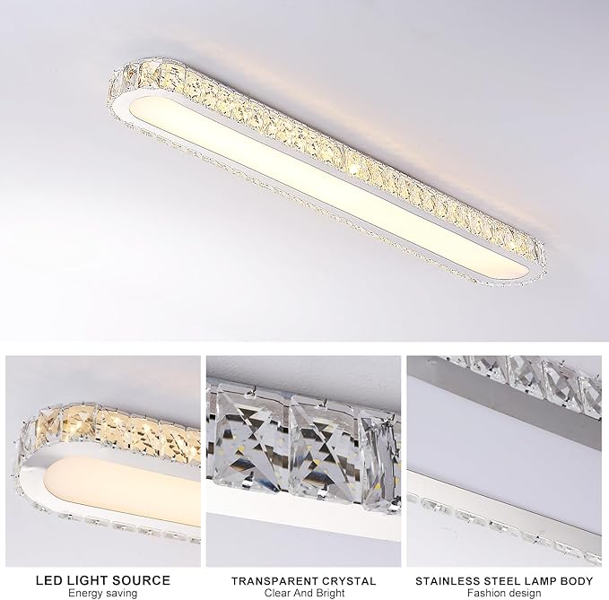 Qcyuui Dimmable LED Ceiling Light 39.4'' Kitchen Lighting Fixtures Ceiling Modern Luxury Crystal Ceiling Light with Remote Chrome Long Ceiling Light Fixture for Kitchen Dining Room Hallway,48W