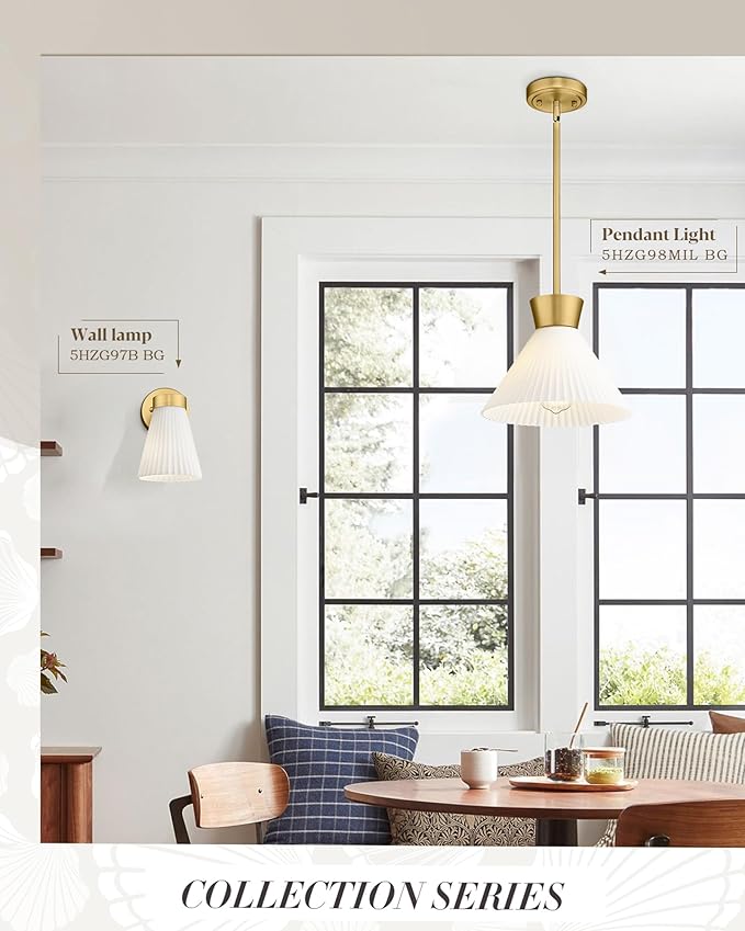 Modern Pendant Light Fixture, HWH White and Gold Kitchen Island Lights 11 Inch, 1-Light Hanging Lighting for Dinning Room Schoolhouse, Frosted Striped Glass Shade, 5HZG98MIL BG