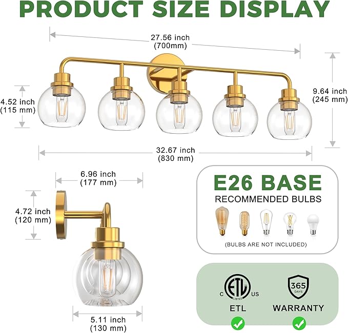 DORESshop 5-Light Bathroom Light Fixtures, 32.67-Inch Gold Bathroom Vanity Light with Clear Glass Globe Shade, Modern Vanity Lights for Bathroom Living Room Hallway Bedroom, E26, ETL Listed