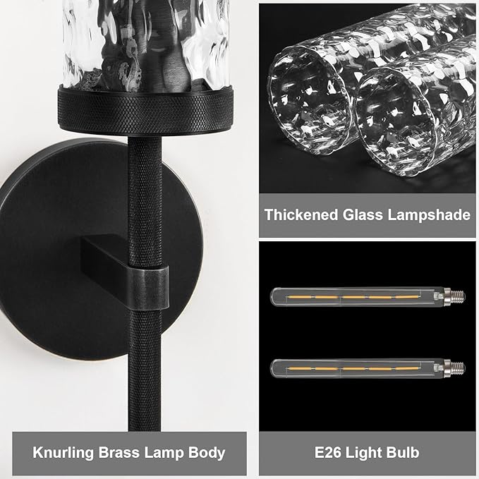 Brass Knurled Bathroom Sconces Set of 2, 19.5 Inch Black Vanity Light Fixtures with Water Ripple Glass Tube Modern Wall Lamp for Bathroom Mirror Bedroom Living Room Hallway