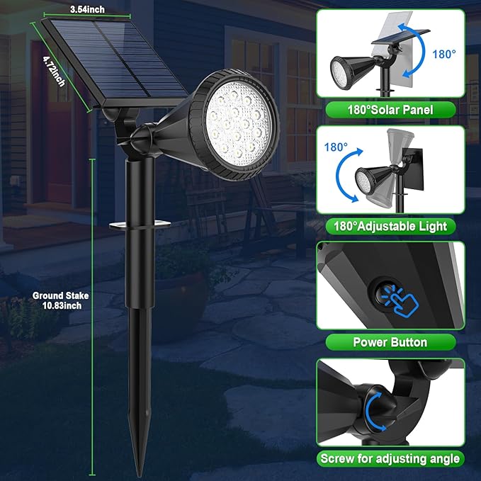 Tadyreal Solar Spot Lights Outdoor Waterproof 180° Adjustable Solar Powered Landscape Lights for Yard 4 Lighting Modes Solar Spotlights for Pathway Garden Outside Wall Pool Porch (2 Pack, Cool White)