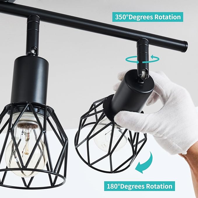 Track Lighting Kit, 4-Light Adjustable Multi-Directional Ceiling Light Fixtures, Vintage Black Metal Wire Cage Farmhouse Light Fixtures Ceiling Mount for Kitchen Dining Table Hallway Bathroom Bedroom